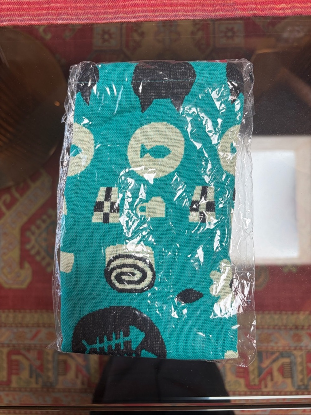 Teal Kitchen Towel with Fish & Patterned Motifs